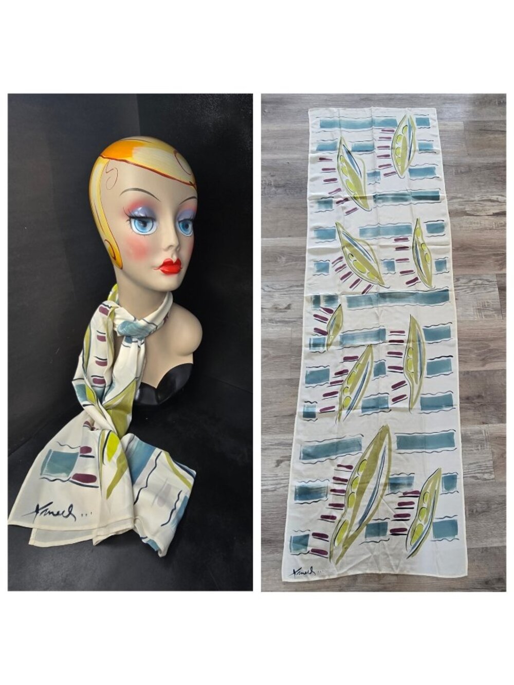 OOAK Designer Silk Scarf Signed Rolled Edges 69" X 21" Peapods Mauve Green